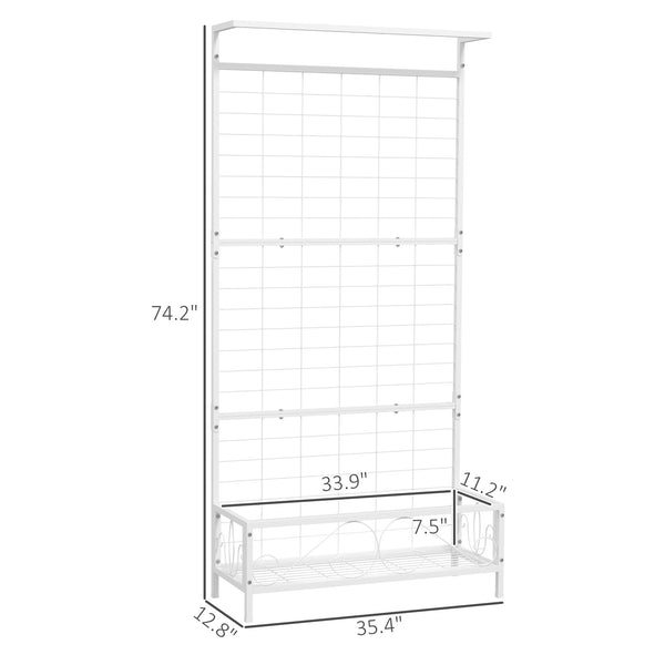 Outsunny Tall Plant Stand with Trellis and Hanging Bar, Metal Plant Holder Flower Stand for Vine Climbing Plants Flowers Indoor Outdoor Use, 35" x 12.8" x 74", White