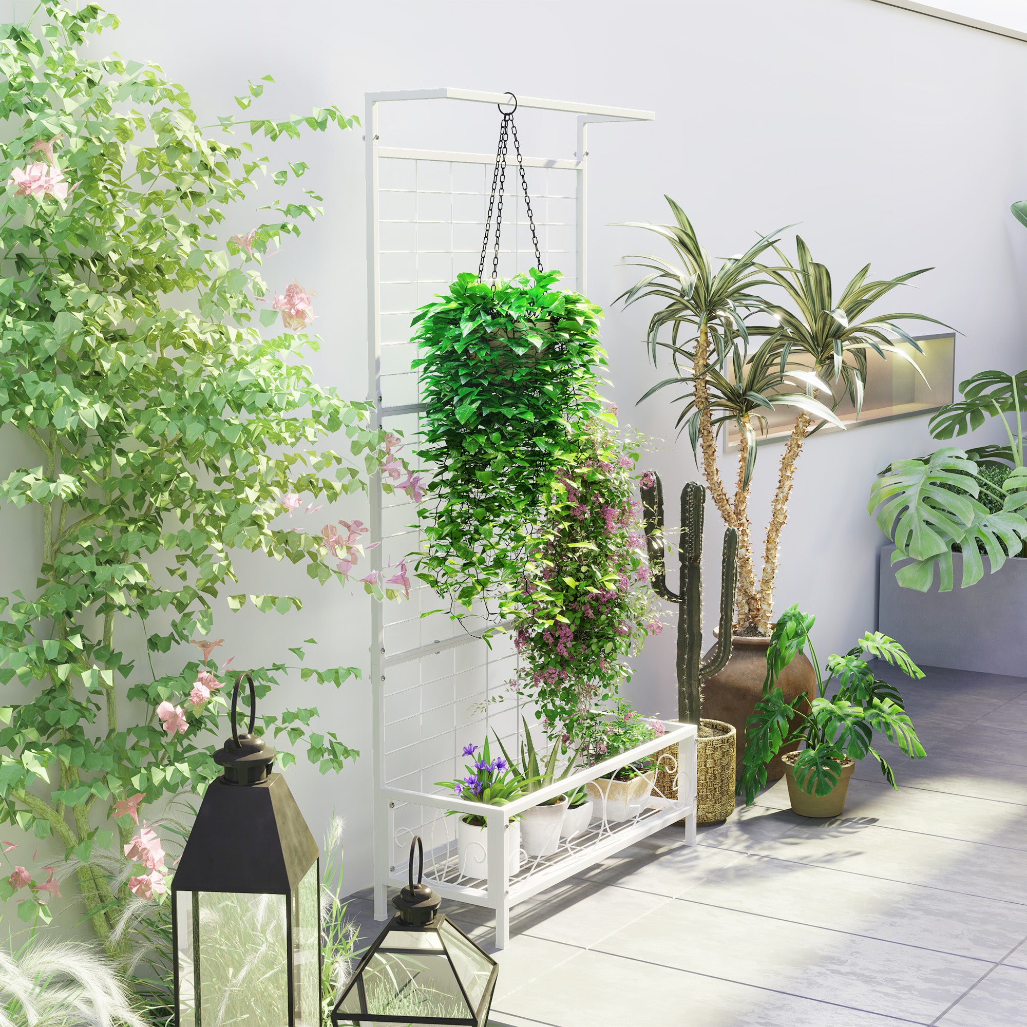 plant shelf with hanging bar Outsunny Metal Tall Plant Stand with Trellis and Hanging Bar, Plant Holder for Indoor Outdoor Use, 36" x 12.8" x 74", White
