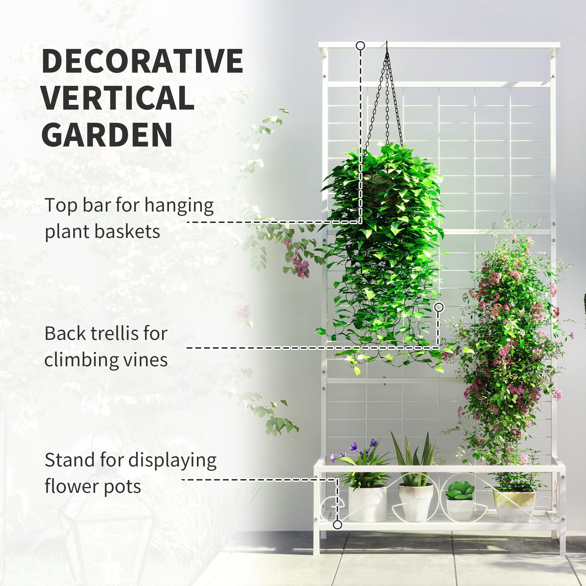 plant stand rack outdoor Outsunny Metal Tall Plant Stand with Trellis and Hanging Bar, Plant Holder for Indoor Outdoor Use, 36" x 12.8" x 74", White