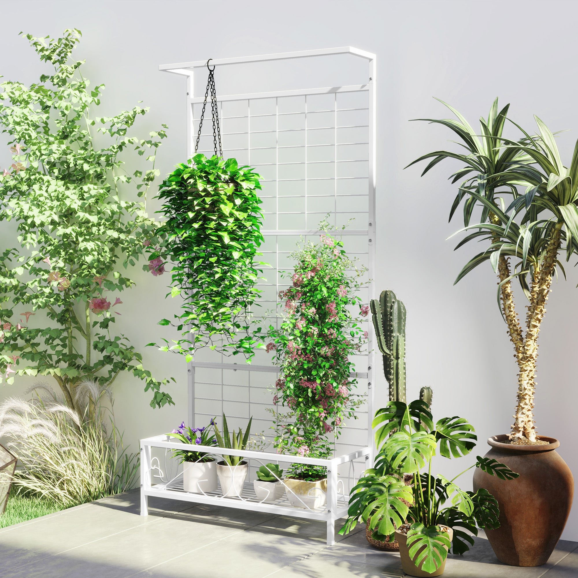 standing plant stand for hanging plants Outsunny Metal Tall Plant Stand with Trellis and Hanging Bar, Plant Holder for Indoor Outdoor Use, 36" x 12.8" x 74", White