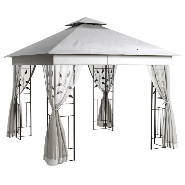 3(m) x 3(m) Garden Gazebo, Double Roof Outdoor Gazebo Canopy Shelter with Netting, Solid Steel Frame, for Garden, Lawn and Deck, Light Grey