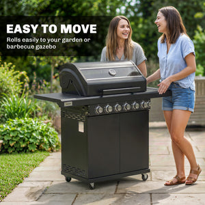 6+1 Burner Gas BBQ Grill, Portable Outdoor Barbecue Trolley with Wheels, Warming Rack, Built-in Thermometer, Side Shelves, Cabinet, Bottle Opener, Lid with Viewing Window, Black