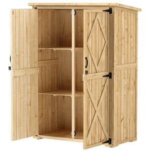 Wooden Garden Storage Shed, Tool Storage Cabinet with Asphalt Roof and 2 Shelves for Garden Tools, Equipment, Outdoor Tool Shed with Double Doors, Natural