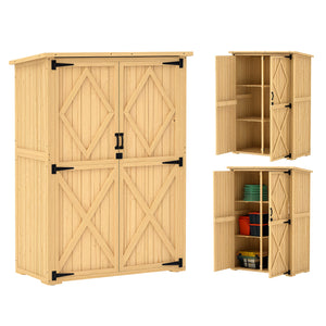 Wooden Garden Storage Shed, Tool Storage Cabinet with Asphalt Roof and 2 Shelves for Garden Tools, Equipment, Outdoor Tool Shed with Double Doors, Natural