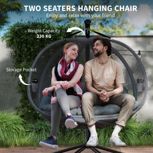 Double Egg Chair with Stand, 2 Person Hanging Swing Egg Chair Outdoor Indoor, 528 LBS Capacity Loveseat Hammock Swing with Cushion, Pockets, Grey