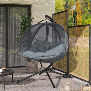 Double Egg Chair with Stand, 2 Person Hanging Swing Egg Chair Outdoor Indoor, 528 LBS Capacity Loveseat Hammock Swing with Cushion, Pockets, Grey