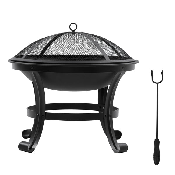 21.7" x 21.7" x 19.7" Outdoor Fire Pit with Mesh Lid, Wood Burner, Log Burning Bowl with Poker for Patio, Backyard, Black