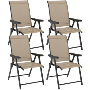 Set of 4 Folding Chair, Garden Chair Set with Breathable Mesh Back and Seat, Outdoor Camping Chairs with Armrests, Steel Frame for Deck Balcony, Brown