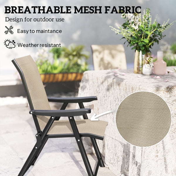 Set of 4 Folding Chair, Garden Chair Set with Breathable Mesh Back and Seat, Outdoor Camping Chairs with Armrests, Steel Frame for Deck Balcony, Brown