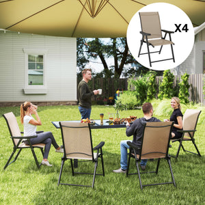 Set of 4 Folding Chair, Garden Chair Set with Breathable Mesh Back and Seat, Outdoor Camping Chairs with Armrests, Steel Frame for Deck Balcony, Brown