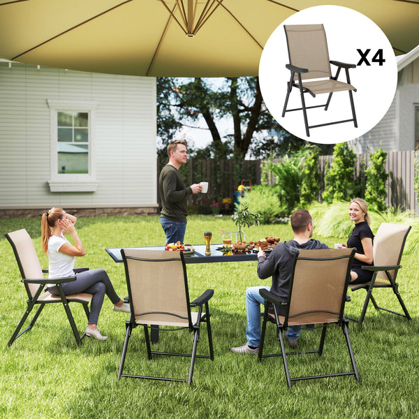 Set of 4 Folding Chair, Garden Chair Set with Breathable Mesh Back and Seat, Outdoor Camping Chairs with Armrests, Steel Frame for Deck Balcony, Brown