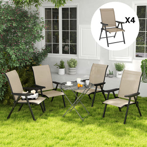Set of 4 Folding Chair, Garden Chair Set with Breathable Mesh Back and Seat, Outdoor Camping Chairs with Armrests, Steel Frame for Deck Balcony, Brown
