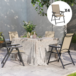 Set of 4 Folding Chair, Garden Chair Set with Breathable Mesh Back and Seat, Outdoor Camping Chairs with Armrests, Steel Frame for Deck Balcony, Brown
