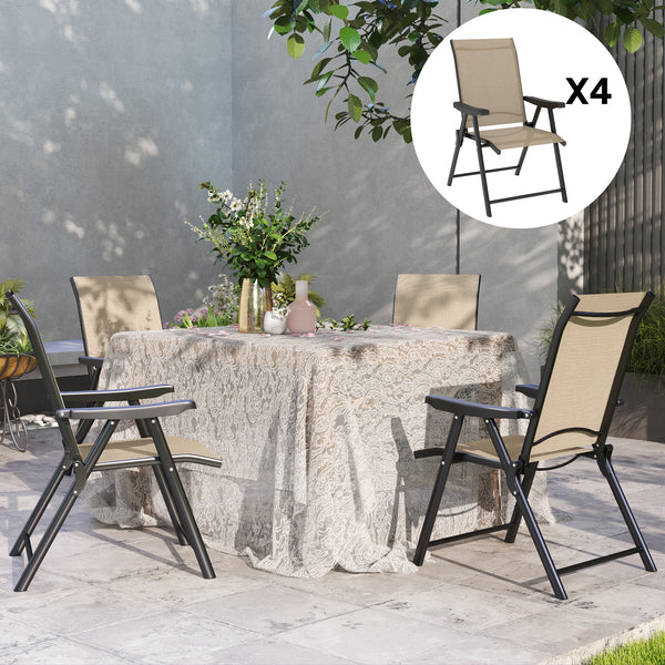 Set of 4 Folding Chair, Garden Chair Set with Breathable Mesh Back and Seat, Outdoor Camping Chairs with Armrests, Steel Frame for Deck Balcony, Brown