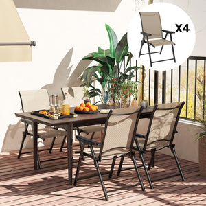 Set of 4 Folding Chair, Garden Chair Set with Breathable Mesh Back and Seat, Outdoor Camping Chairs with Armrests, Steel Frame for Deck Balcony, Brown