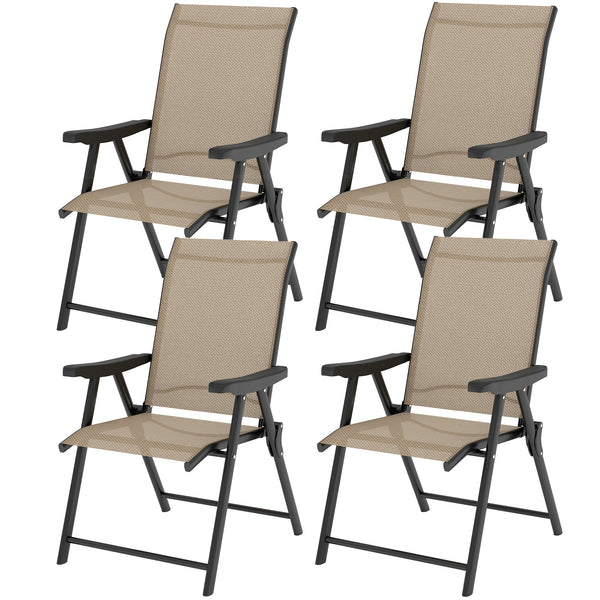 Set of 4 Folding Chair, Garden Chair Set with Breathable Mesh Back and Seat, Outdoor Camping Chairs with Armrests, Steel Frame for Deck Balcony, Brown