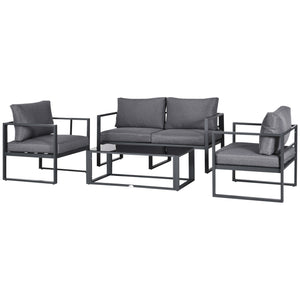 4 Pieces Garden Sofa Set 2 Single Armchair 1 Bench & Side Table Set Aluminium Frame Patio Furniture with Cushions Grey