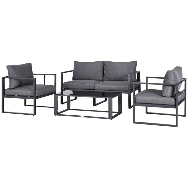 4 Pieces Garden Sofa Set 2 Single Armchair 1 Bench & Side Table Set Aluminium Frame Patio Furniture with Cushions Grey