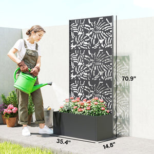 Metal Planter Box with Trellis, 71" Tall Raised Garden Bed with Trellis Privacy Screen and Drainage Holes, Banana-Leaf Cut-Out Outdoor Privacy Planter for Climbing Plants, Vegetables, Vines