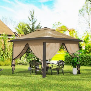 11' x 11' Pop Up Canopy, Double Roof Foldable Canopy Tent with Zipper Mesh Sidewalls, Height Adjustable and Carrying Bag, Event Tent for Patio Garden Backyard, Beige
