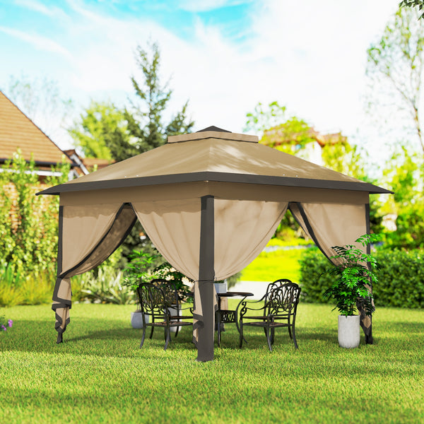 11' x 11' Pop Up Canopy, Double Roof Foldable Canopy Tent with Zipper Mesh Sidewalls, Height Adjustable and Carrying Bag, Event Tent for Patio Garden Backyard, Beige