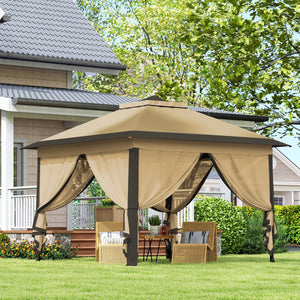 11' x 11' Pop Up Canopy, Double Roof Foldable Canopy Tent with Zipper Mesh Sidewalls, Height Adjustable and Carrying Bag, Event Tent for Patio Garden Backyard, Beige