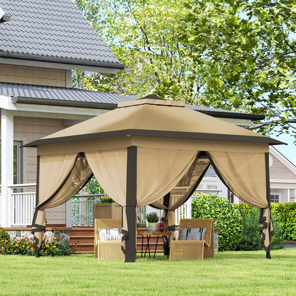 11' x 11' Pop Up Canopy, Double Roof Foldable Canopy Tent with Zipper Mesh Sidewalls, Height Adjustable and Carrying Bag, Event Tent for Patio Garden Backyard, Beige