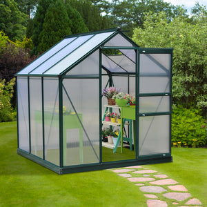 Outsunny 6' x 6' Greenhouse for Outdoors, Polycarbonate Greenhouse with Rain Gutter and Roof Vent, Aluminum Walk-in Green Houses for Outside for Patio Backyard Garden, Dark Green