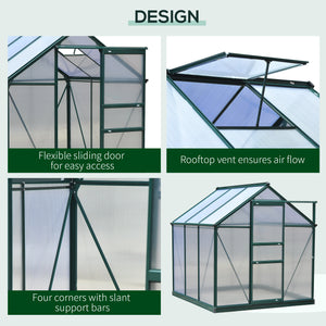 Outsunny 6' x 6' Greenhouse for Outdoors, Polycarbonate Greenhouse with Rain Gutter and Roof Vent, Aluminum Walk-in Green Houses for Outside for Patio Backyard Garden, Dark Green