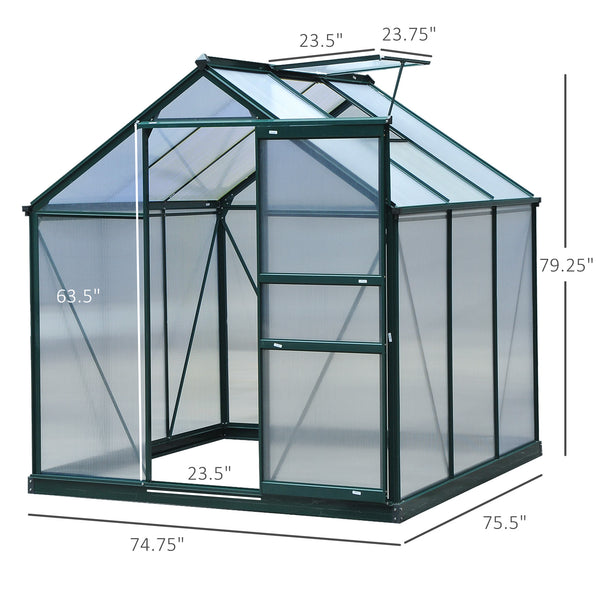 Outsunny 6' x 6' Greenhouse for Outdoors, Polycarbonate Greenhouse with Rain Gutter and Roof Vent, Aluminum Walk-in Green Houses for Outside for Patio Backyard Garden, Dark Green