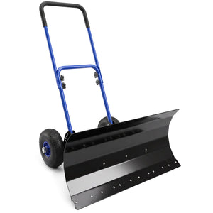 Snow Shovel with Wheels, 29" x 16.5" Heavy Duty Metal Snow Pusher with 5-Level Adjustable Handle, 5-Angle Blade and Non-Slip Grip, for Driveway, Sidewalks, Garden, Deck, Blue