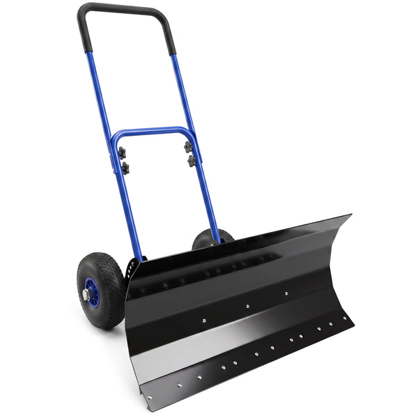 Snow Shovel with Wheels, 29" x 16.5" Heavy Duty Metal Snow Pusher with 5-Level Adjustable Handle, 5-Angle Blade and Non-Slip Grip, for Driveway, Sidewalks, Garden, Deck, Blue