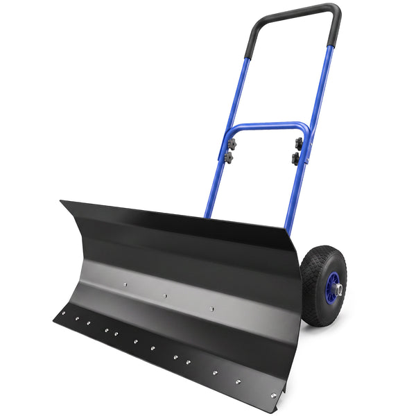 Snow Shovel with Wheels, 29" x 16.5" Heavy Duty Metal Snow Pusher with 5-Level Adjustable Handle, 5-Angle Blade and Non-Slip Grip, for Driveway, Sidewalks, Garden, Deck, Blue