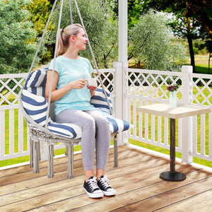 Hammock Swing Chair, Outdoor Hanging Chair with Large Cushion, Cotton Rope Weaving Macrame Swing with Chain, 265 LBS Capacity for Indoor, Outdoor, Bedroom, Patio, Balcony, Blue and White