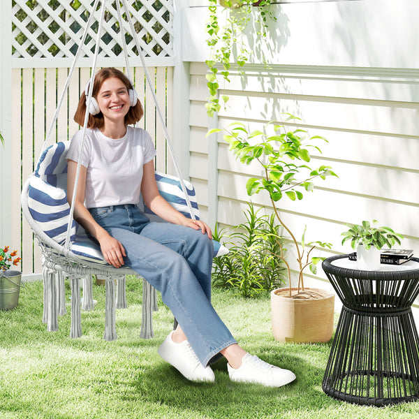 Hammock Swing Chair, Outdoor Hanging Chair with Large Cushion, Cotton Rope Weaving Macrame Swing with Chain, 265 LBS Capacity for Indoor, Outdoor, Bedroom, Patio, Balcony, Blue and White