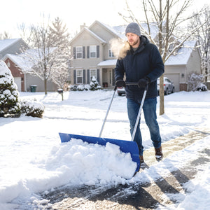 37-Inch Extra Wide Snow Shovel with Wheels, Heavy Duty Aluminum Snow Pusher with Ergonomic Adjustable Handle, Angled Blade and Non-Slip Grip for Driveway, Sidewalks, Garden, Deck, Blue