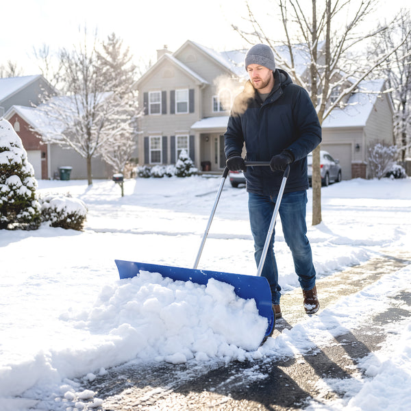 37-Inch Extra Wide Snow Shovel with Wheels, Heavy Duty Aluminum Snow Pusher with Ergonomic Adjustable Handle, Angled Blade and Non-Slip Grip for Driveway, Sidewalks, Garden, Deck, Blue