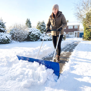 37-Inch Extra Wide Snow Shovel with Wheels, Heavy Duty Aluminum Snow Pusher with Ergonomic Adjustable Handle, Angled Blade and Non-Slip Grip for Driveway, Sidewalks, Garden, Deck, Blue