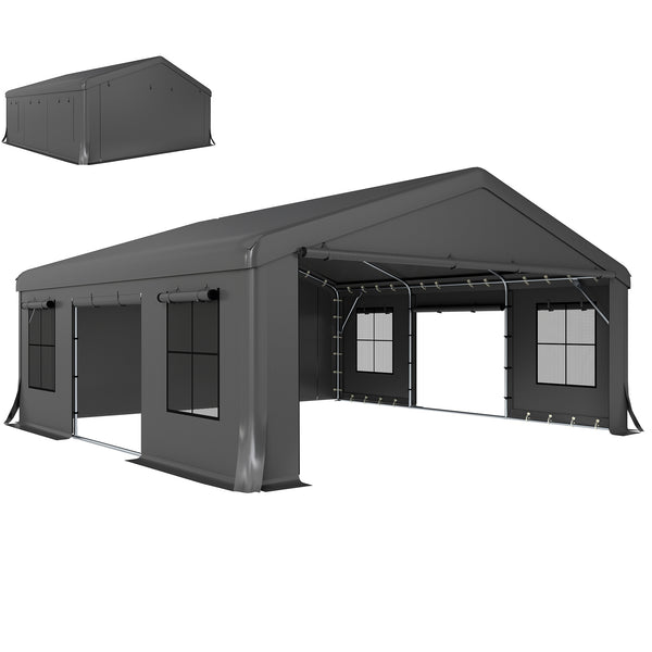 20' x 20' Heavy Duty Carport, Portable Garage Car Canopy Tent with Reinforced Galvanized Frame, 3 Roll-up Doors, 4 Mesh Windows for Cars, Trucks, Boats, Motorcycle, Bike, Dark Gray
