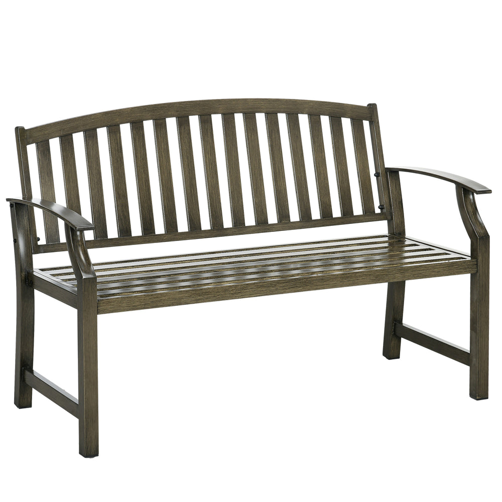 Outsunny 46" Outdoor Garden Bench, Metal Bench, Wood Look Slatted Frame Furniture for Patio, Park, Porch, Lawn, Yard, Deck, Black