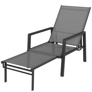 Sun Lounger with Retracable Footrest, 5-Position Adjustable Reclining Garden Lounger, Garden Chaise Lounge Sunbed Recliner Chair with Steel Frame for Beach, Porch, Patio, Camping, Dark Grey