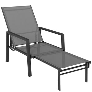 Sun Lounger with Retracable Footrest, 5-Position Adjustable Reclining Garden Lounger, Garden Chaise Lounge Sunbed Recliner Chair with Steel Frame for Beach, Porch, Patio, Camping, Dark Grey