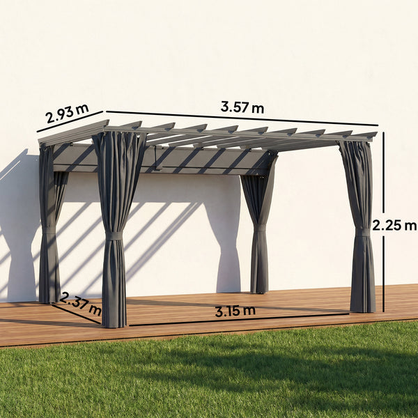 3.6 x 3 m Pergola with Retractable Roof Canopy and Curtains, Aluminium Frame Garden Pergola Gazebo Sun Shade Shelter for Grill, Patio, Deck, Dark Grey
