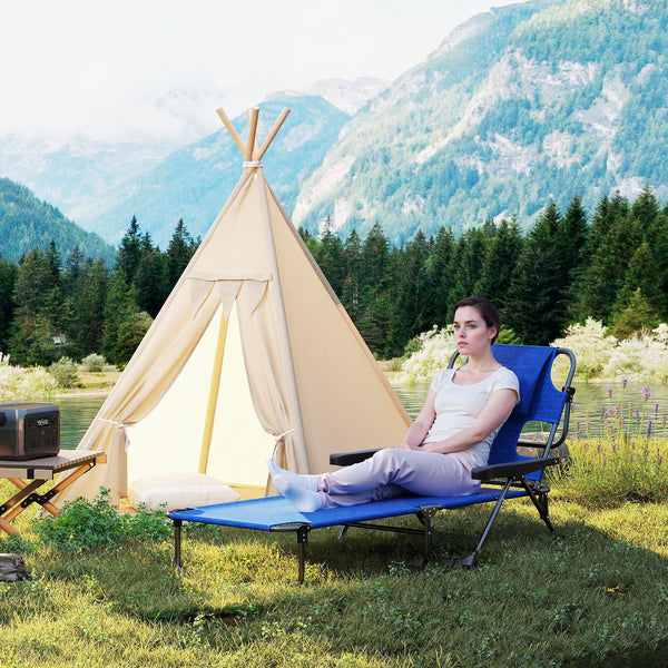 Folding Lounge Chair with 4-level Reclining Back, Outdoor Tanning Chair with Reading Hole, Outdoor Chaise Lounge Chair with Headrest, for Beach, Yard, Patio, Dark Blue