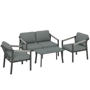 Aluminium Garden Furniture Set, 4 Seater Outdoor Patio Furniture with Loveseat, 2 Armchairs, Slatted Table, Outdoor Furniture Conversation Set with Thick Cushions, Black