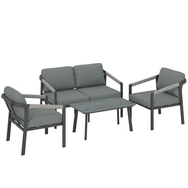 Aluminium Garden Furniture Set, 4 Seater Outdoor Patio Furniture with Loveseat, 2 Armchairs, Slatted Table, Outdoor Furniture Conversation Set with Thick Cushions, Black