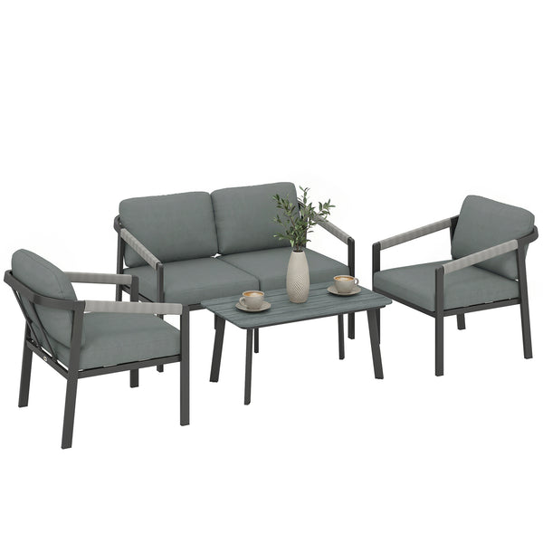 Aluminium Garden Furniture Set, 4 Seater Outdoor Patio Furniture with Loveseat, 2 Armchairs, Slatted Table, Outdoor Furniture Conversation Set with Thick Cushions, Black