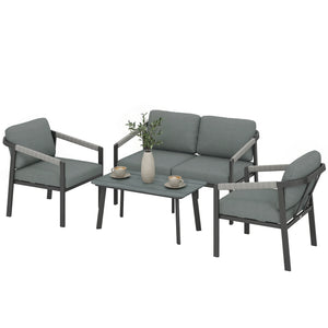 Aluminium Garden Furniture Set, 4 Seater Outdoor Patio Furniture with Loveseat, 2 Armchairs, Slatted Table, Outdoor Furniture Conversation Set with Thick Cushions, Black