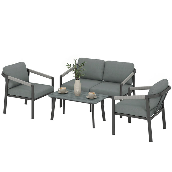 Aluminium Garden Furniture Set, 4 Seater Outdoor Patio Furniture with Loveseat, 2 Armchairs, Slatted Table, Outdoor Furniture Conversation Set with Thick Cushions, Black