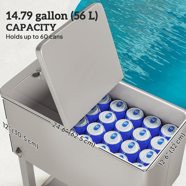 60 Quart Rolling Patio Cooler Cart, Portable Outdoor Cooler with Locking Wheels, Storage Shelf, Steel Bottle Opener, Ice Chest for Patio Backyard Party BBQ, Silver